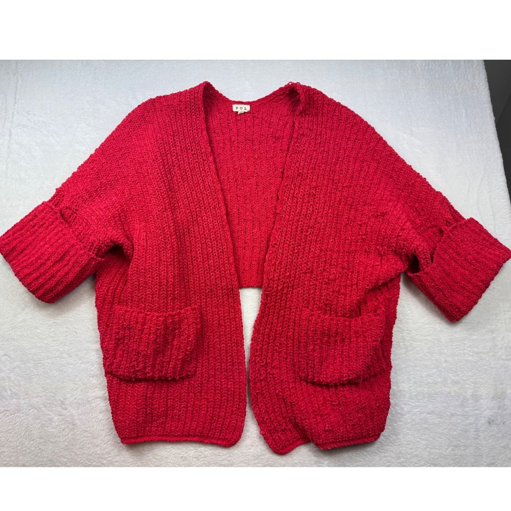 POL‎ Red Chunky Knit Open Front Cardigan Sweater Pockets SMST305A Womens Large